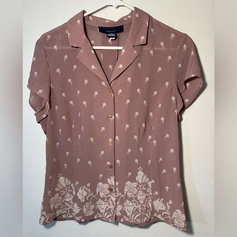 Jones Wear Floral Print Button-Down Shirt Short Sleeve Blouse Mauve Size 12